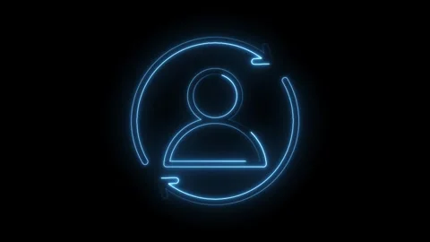 Blue neon customer icon with rotating arrows on black background for user Stock Footage 330776942