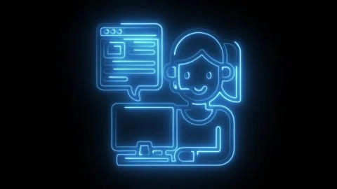 Blue neon customer support operator with computer and chat window outline sty Video stock 309913819