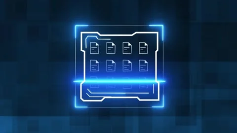 Blue neon data archive and file storage icon. Blue neon data for digital in.. Stock Footage 337815826