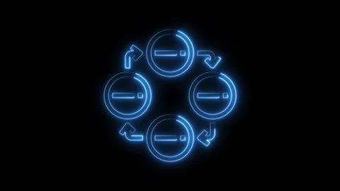 Blue neon data synchronization and transformation process animation on black Video stock 322973273