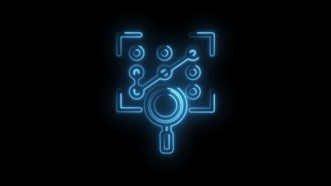 Blue neon digital circuit board pattern with magnifying glass search icon Stock Footage 333952509