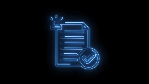 Blue neon document with checkmark and alert siren glowing on black background Stock Footage 333963842