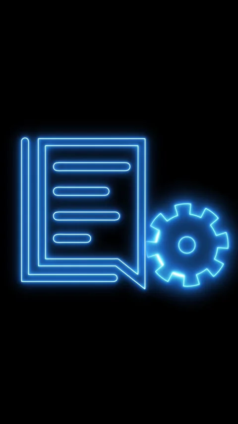 Blue neon document icon features speech bubble and gear on black background.. Stock Footage 344861997