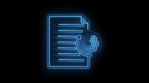 Blue neon document icon with rotating gear and progress bars symbolizing data Stockbeeldmateriaal 333963751