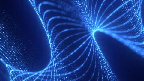 Blue neon dotted grid curving into a vanishing point with dynamic digital s.. Stock Illustration
