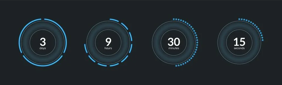 Blue neon dotted line countdown timer set on dark background 库存插图