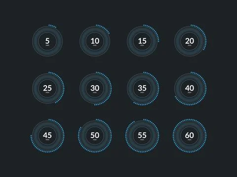 Blue neon dotted line countdown timer set on dark background 库存插图