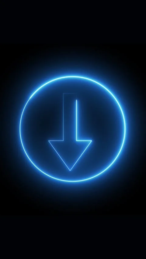 Blue Neon Down Arrow Icon within a Circle on Black Background. A glowing bl.. Stock Footage 337459728