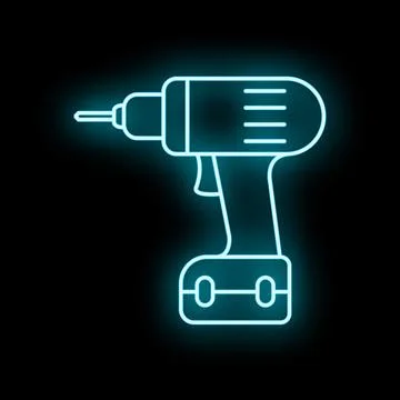 Blue neon drill icon representing home improvement work Stock Illustration