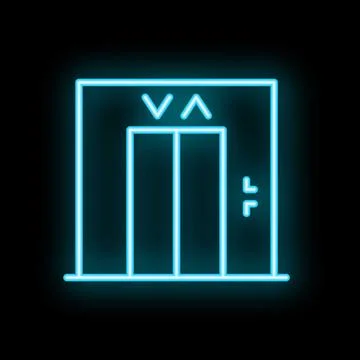 Blue neon elevator doors opening on black background Ilustración de archivo
