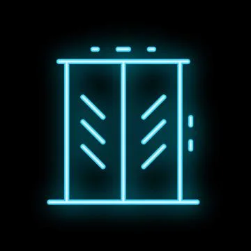 Blue neon elevator doors opening on black background Stock Illustration
