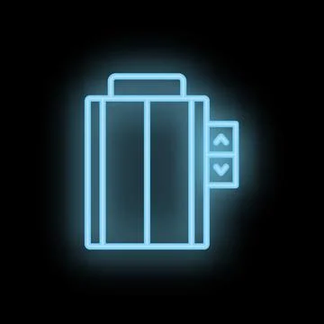 Blue neon elevator icon glowing against a black background 스톡 일러스트