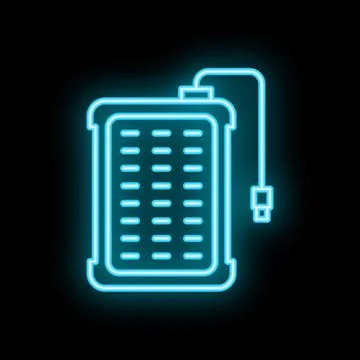 Blue neon external hard drive icon glowing against black background イラスト素材