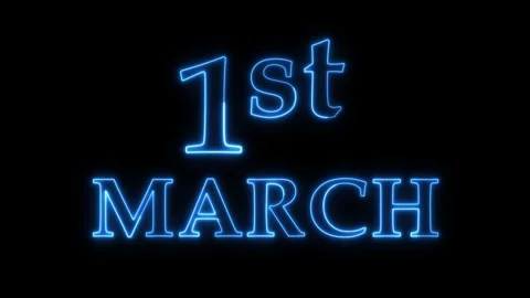 Blue neon first march text glows against black background motion. 库存影片 337520870