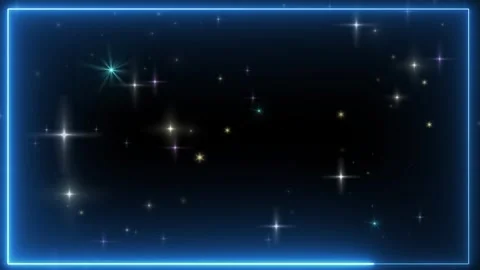 Blue neon frame with sparkling stars. Glowing light border on dark space Video stock 341304100