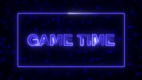 Blue neon game time button, gaming concept animation,fire burning text on a dark Stock Footage 152303743