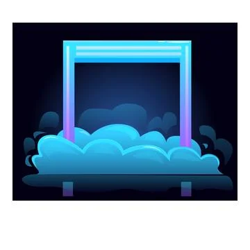 Blue neon gate glowing on clouds in dark space background イラスト素材