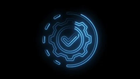 Blue neon gear checkmark icon rotating seamless loop animation on black Stock Footage 330785406