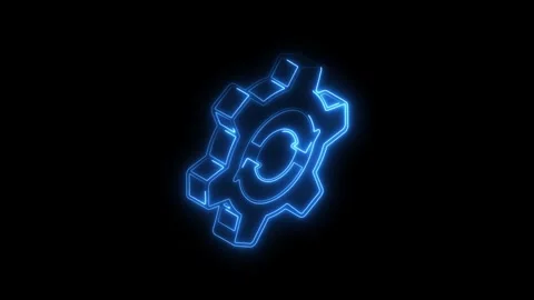 Blue neon gear icon with circular arrows symbolizing refresh or process on .. Stock Footage 314703673