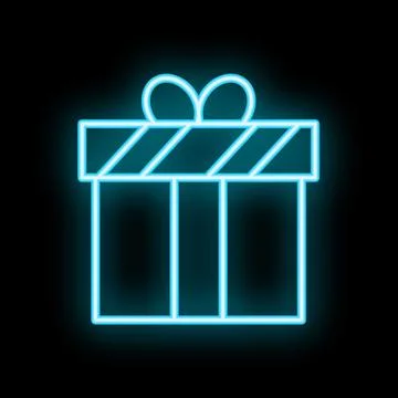 Blue neon gift box glowing on black background Stock Illustration