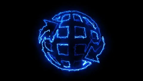 Blue Neon Globe with Arrows on Black Background earth Stock Footage 318053258