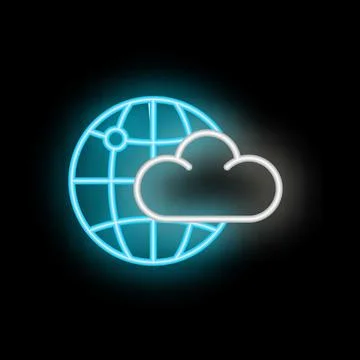 Blue neon globe with cloud computing symbol on black background Stock Illustration