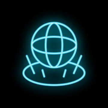 Blue neon globe floating over platform icon illustration on black background Stock Illustration
