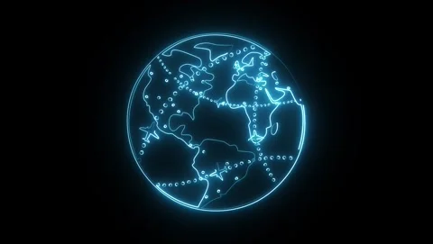 Blue Neon Globe Outline with Dots on Black Background Video stock 318053259