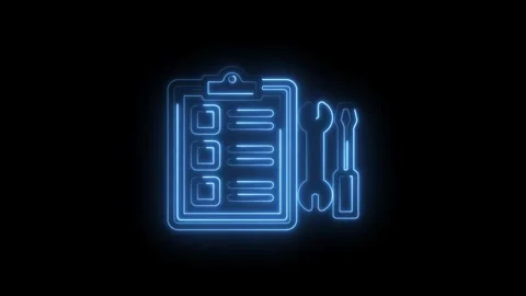 Blue neon glowing checklist clipboard with wrench and screwdriver icons on .. Stock Footage 346824863
