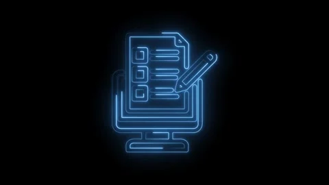Blue neon glowing checklist icon on computer screen with pencil writing Stock Footage 333956426