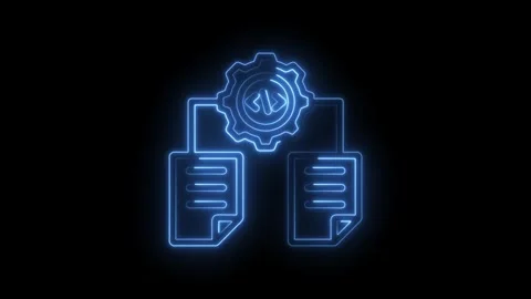 Blue neon glowing code symbol inside gear connected to document icons on bl.. 스톡 동영상 346826339