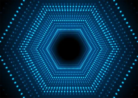 Blue neon glowing dotted linear hexagons abstract hi-tech background Stock Illustration