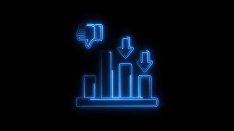 Blue neon glowing graph with downward arrows and thumbs down icon on black .. Stock Footage 314701600