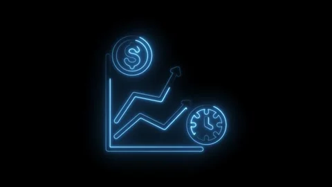 Blue neon glowing graph with upward arrows dollar coin and clock icon on bl.. Stock Footage 346132361