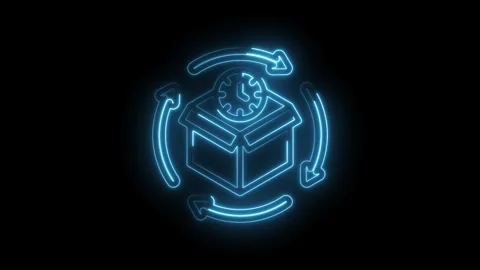 Blue neon glowing icon of a box with a clock inside surrounded by circular Stock Footage 333960807