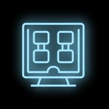 Blue neon glowing icon of a computer displaying a flowchart, symbolizing prog Illustrazione stock