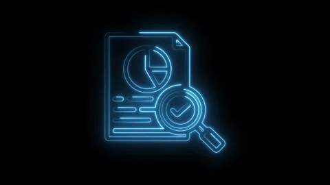 Blue neon glowing icon of a document with pie chart and magnifying glass with Stock Footage 333960690