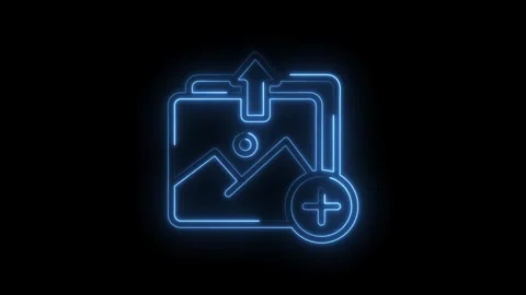 Blue neon glowing icon of a folder with a mountain landscape inside and an Stock Footage 333959176