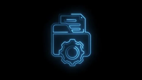 Blue neon glowing icon of a folder with documents and a gear mechanism repr.. Stock Footage 346137366