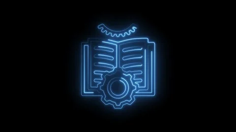 Blue neon glowing icon of an open book with gears and cogwheels symbolizing Stock Footage 333952728