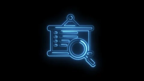 Blue neon glowing icon of a presentation board with checklist and magnifyin.. Stock Footage 346135919