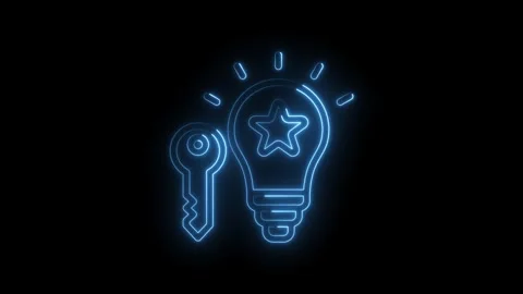 Blue neon glowing key and lightbulb with star inside on black background Stock Footage 333959760