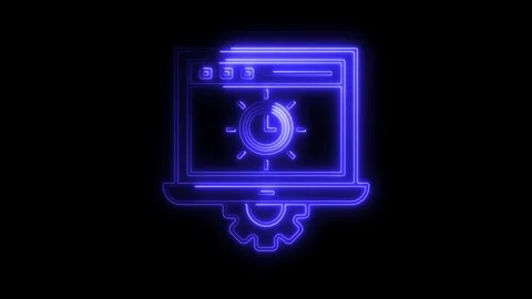 Blue neon glowing laptop computer screen with circular loading icon and gea.. Stock Footage 314708792