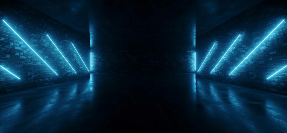 Blue Neon Glowing Sci Fi Futuristic Retro Cyber Alien Realistic Garage Hangar Stock Illustration