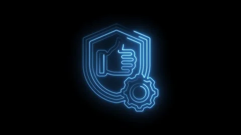 Blue neon glowing security shield with thumbs up icon and gear symbol on black Stock Footage 333962150