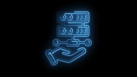 Blue neon glowing server rack held in open hand on black background digital.. Stock Footage 346014347