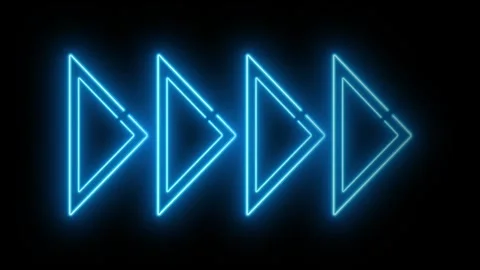 Blue neon glowing triangle arrow icons moving across black background loop overl Stock Footage 334095538