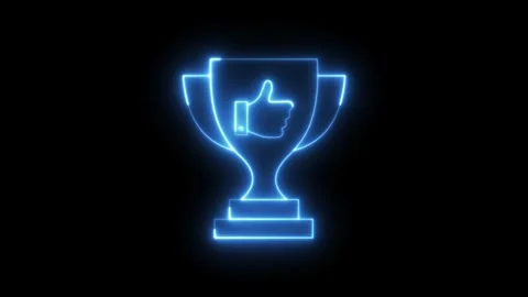 Blue neon glowing trophy with thumbs-up symbol animation isolated on black .. Stock Footage 318385997