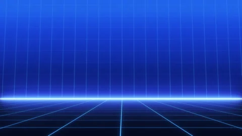 Blue neon grid background with glowing horizon. Stock Footage 347605899