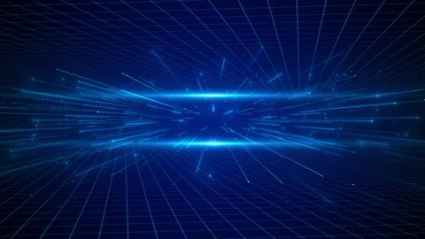 Blue neon grid tunnel background glowing perspective lines, speed streaks, dark Stock Footage 334103379